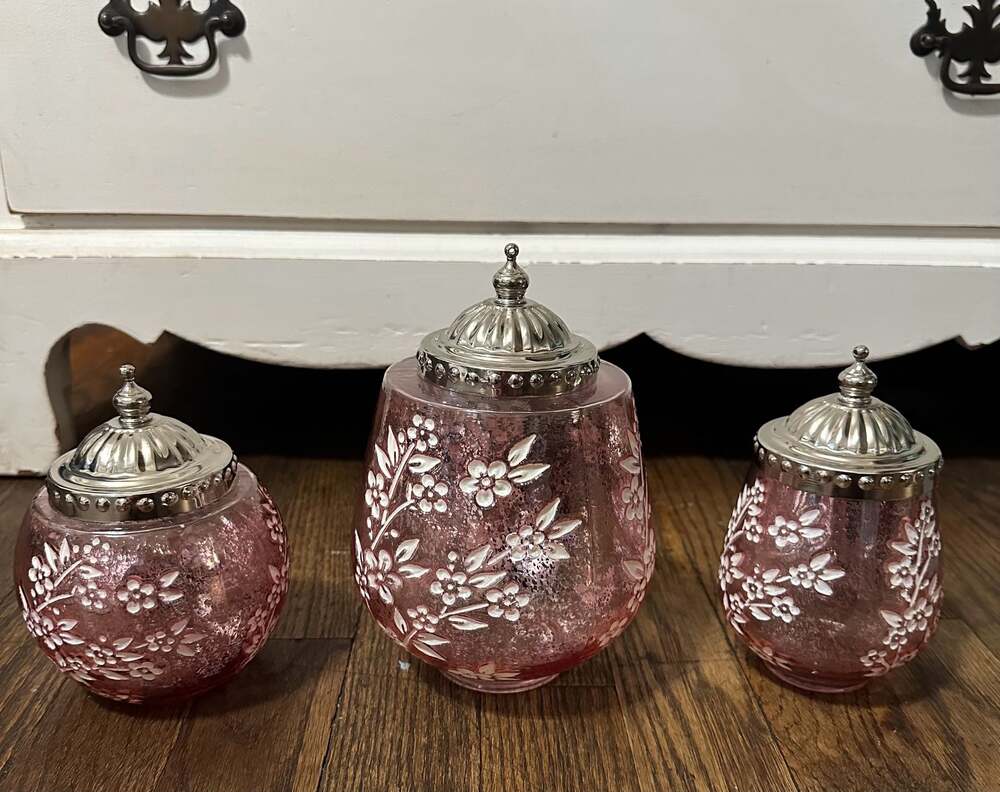 Set of 3 Pink Mercury Glass Floral Jar LED Lights with Silver Lids CottageCore